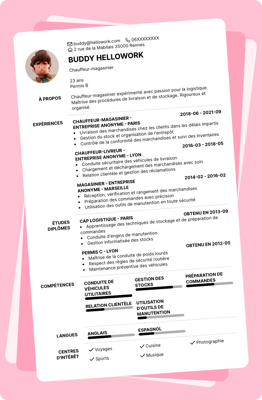 Exemple CV Chauffeur-magasinier