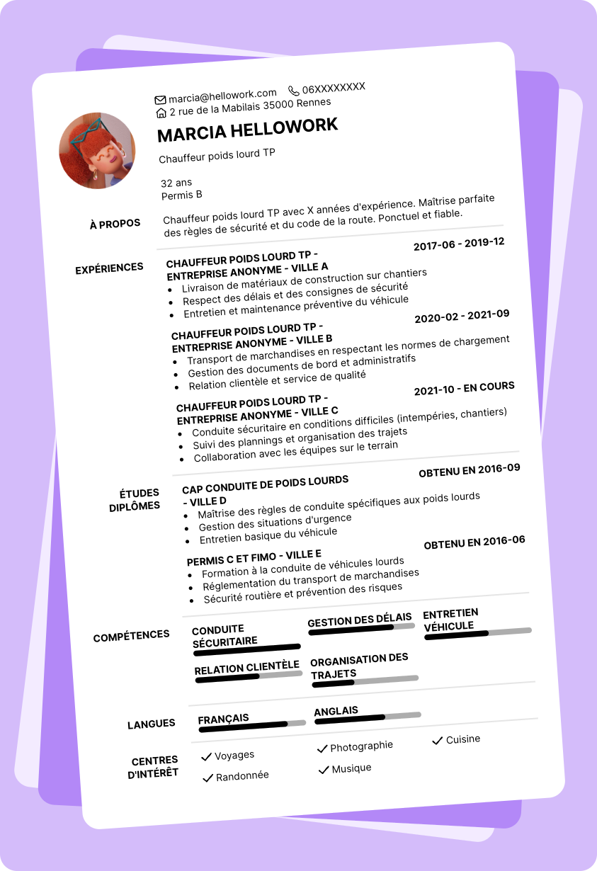 Modèle CV Chauffeur poids lourd TP Exemple CV Chauffeur poids lourd TP