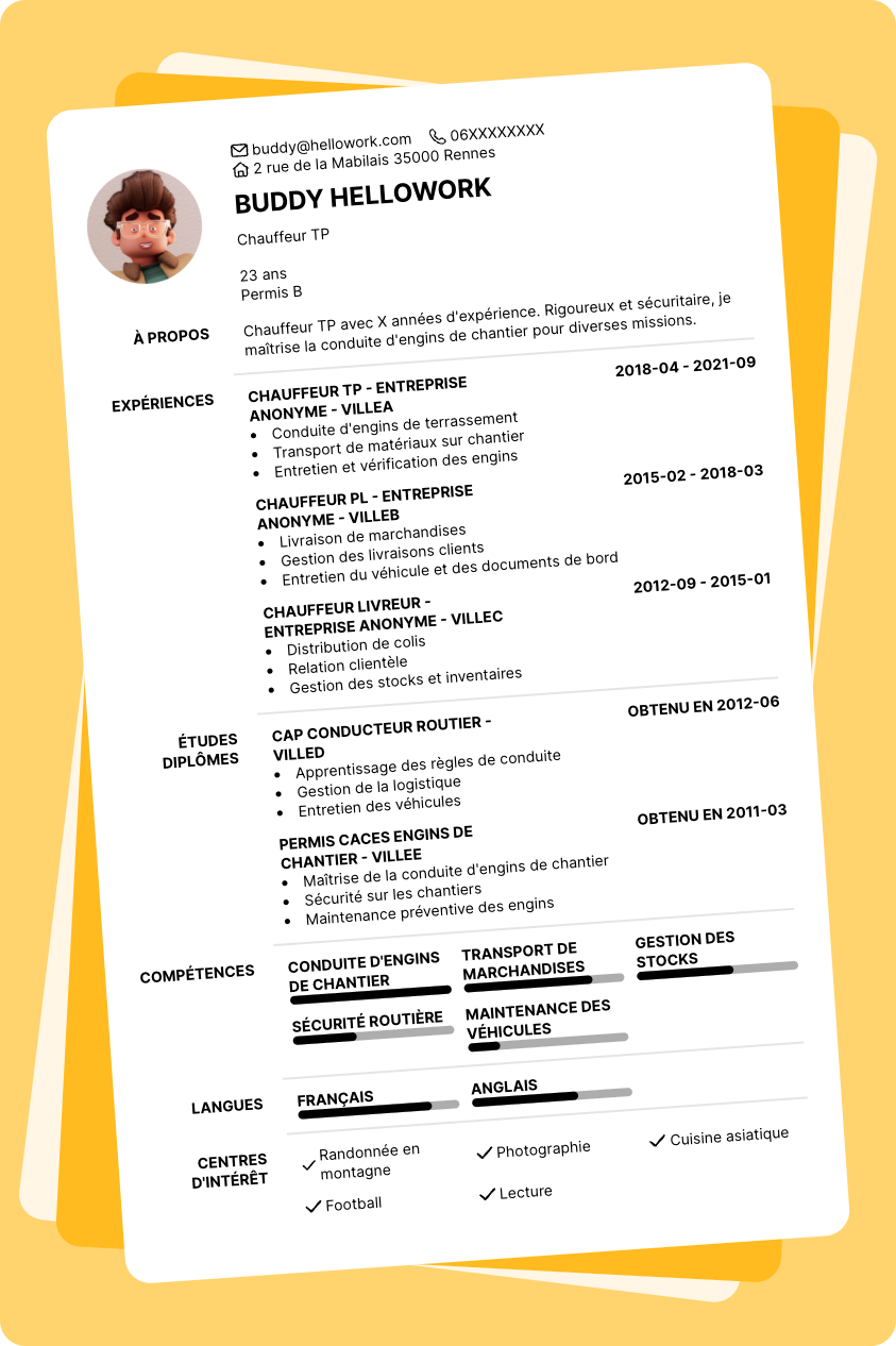 Modèle CV Chauffeur TP Exemple CV Chauffeur TP