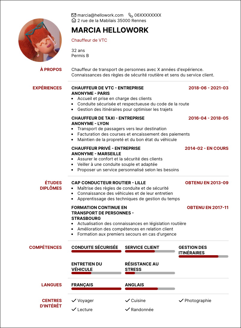Modèle CV Chauffeur transport de personnes Exemple CV Chauffeur transport de personnes