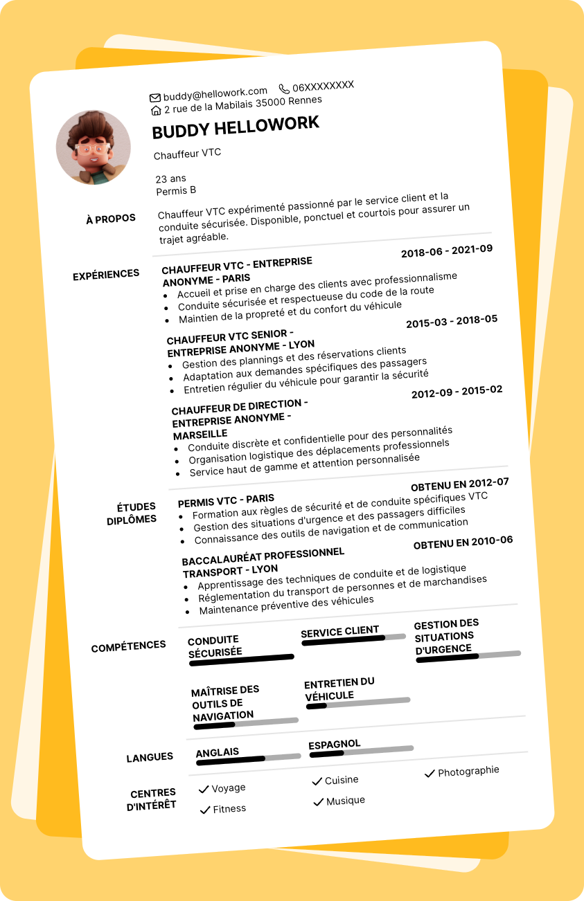 Modèle CV Chauffeur VTC Exemple CV Chauffeur VTC