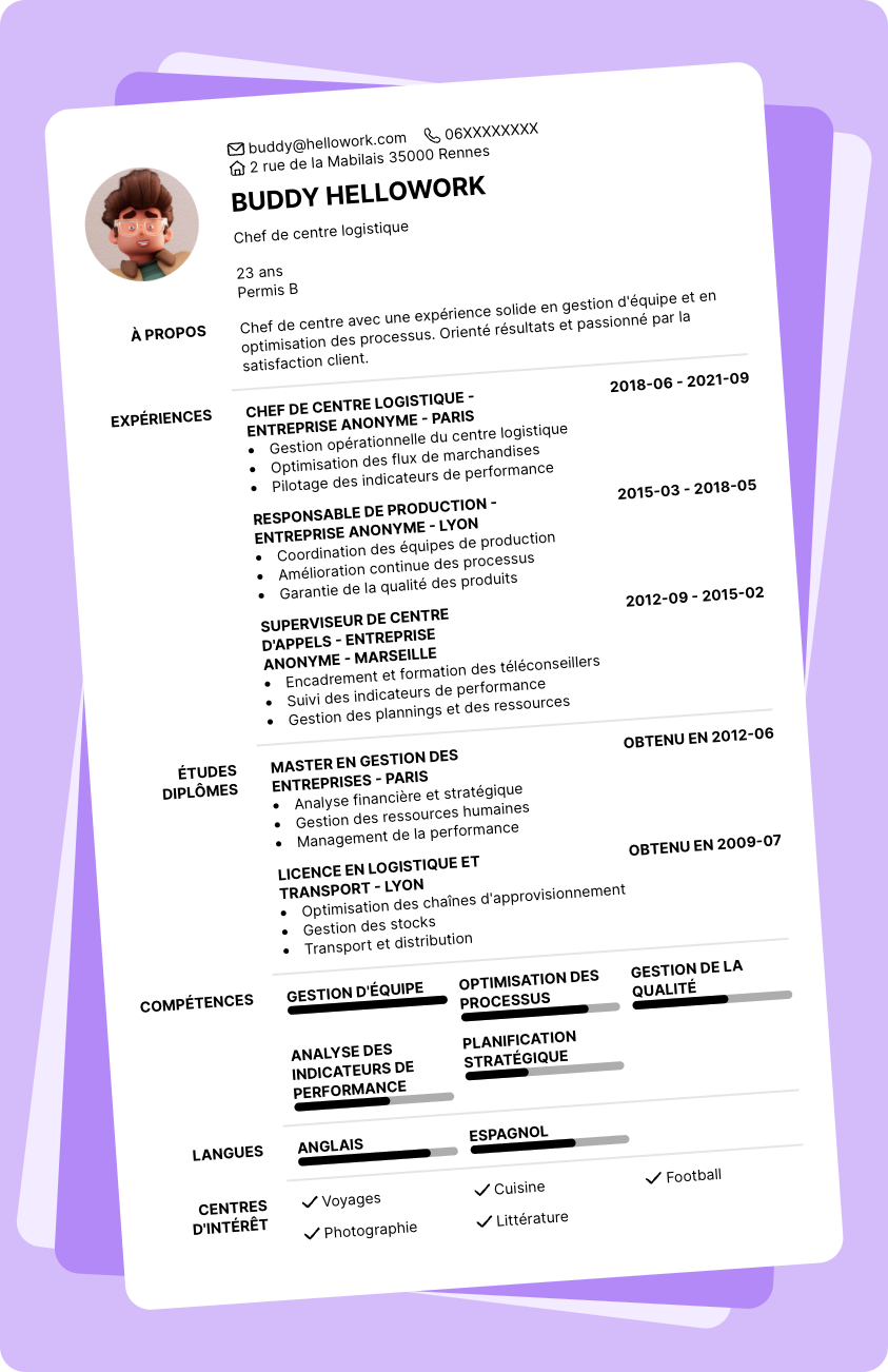 Modèle CV Chef de centre Exemple CV Chef de centre