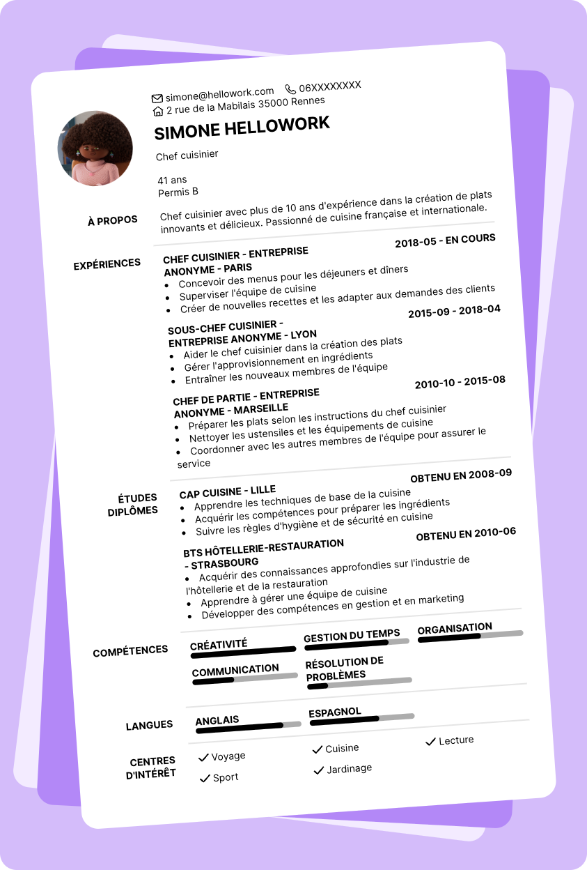 Modèle CV Chef cuisine Exemple CV Chef cuisine
