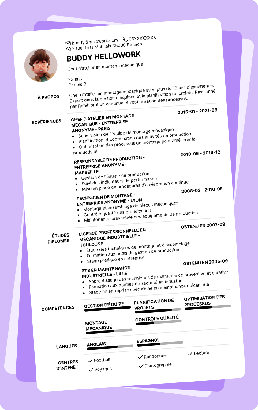 Exemple CV Chef d'atelier en mécanique