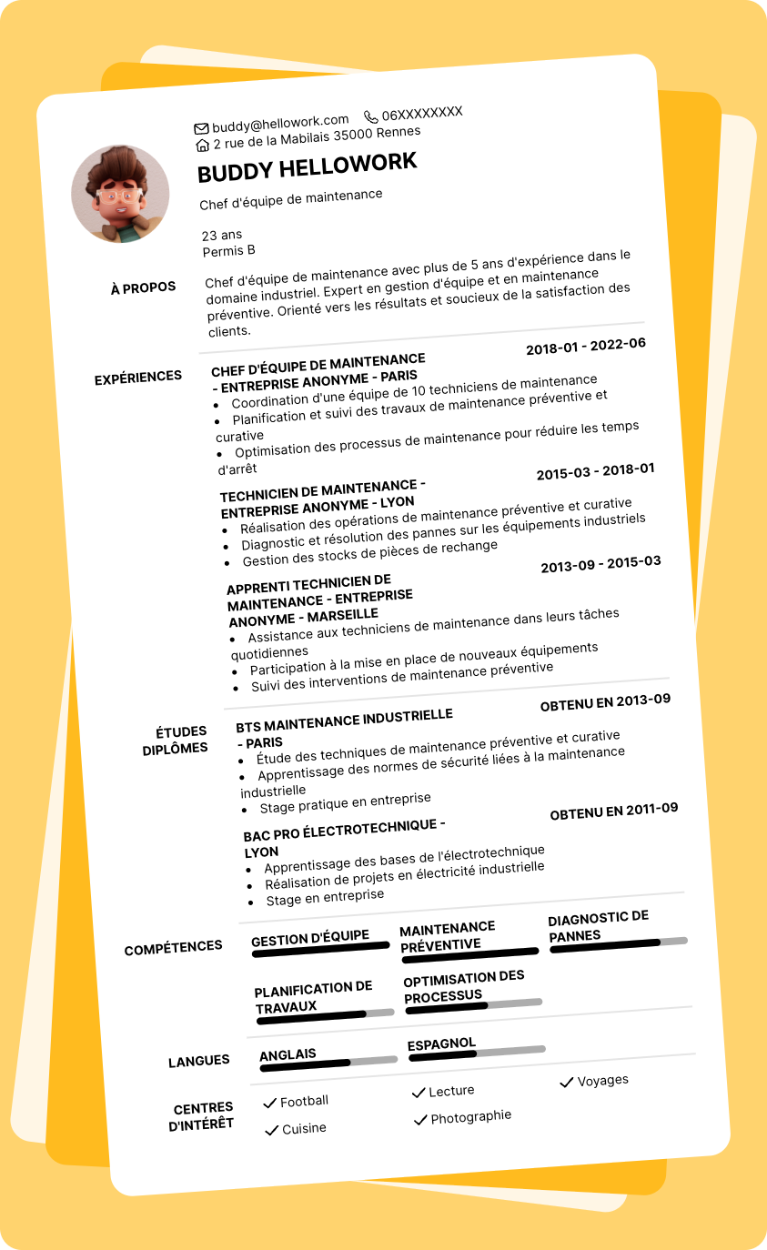Exemple CV Chef d'équipe maintenance