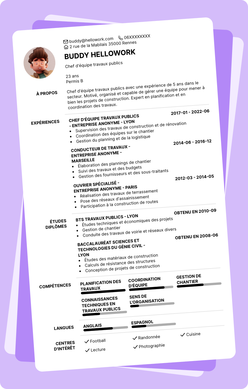 Modèle CV Chef d'équipe travaux publics Exemple CV Chef d'équipe travaux publics