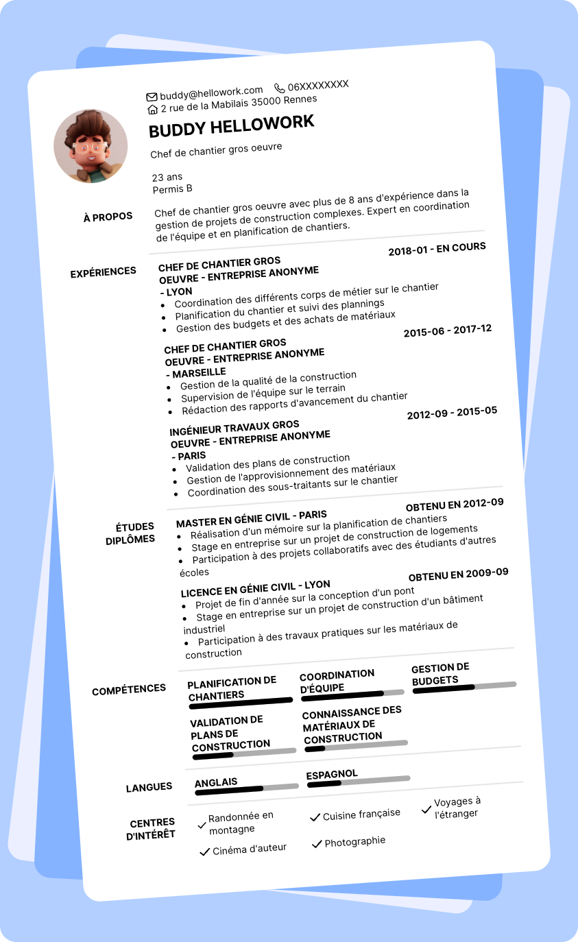 Modèle CV Chef chantier gros oeuvre Exemple CV Chef chantier gros oeuvre