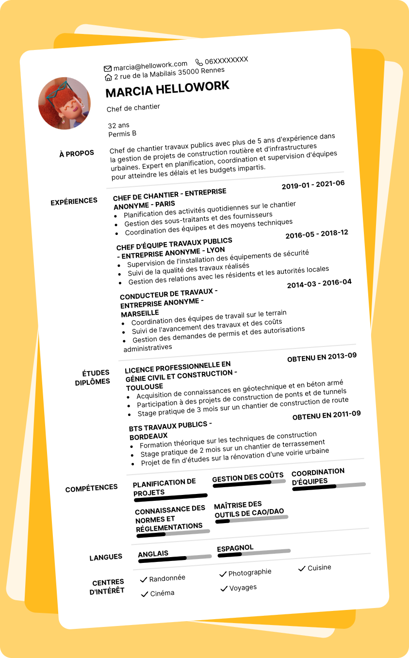 Exemple CV Chef de chantier travaux publics