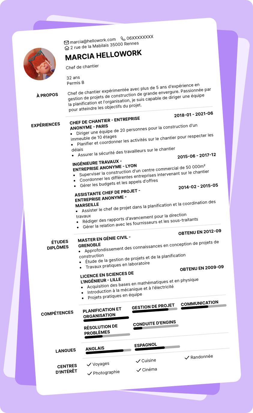 Modèle CV Chef de chantier Exemple CV Chef de chantier