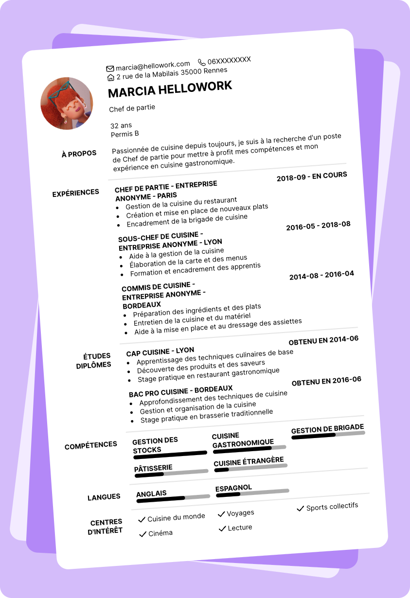 Modèle CV Chef de partie Exemple CV Chef de partie