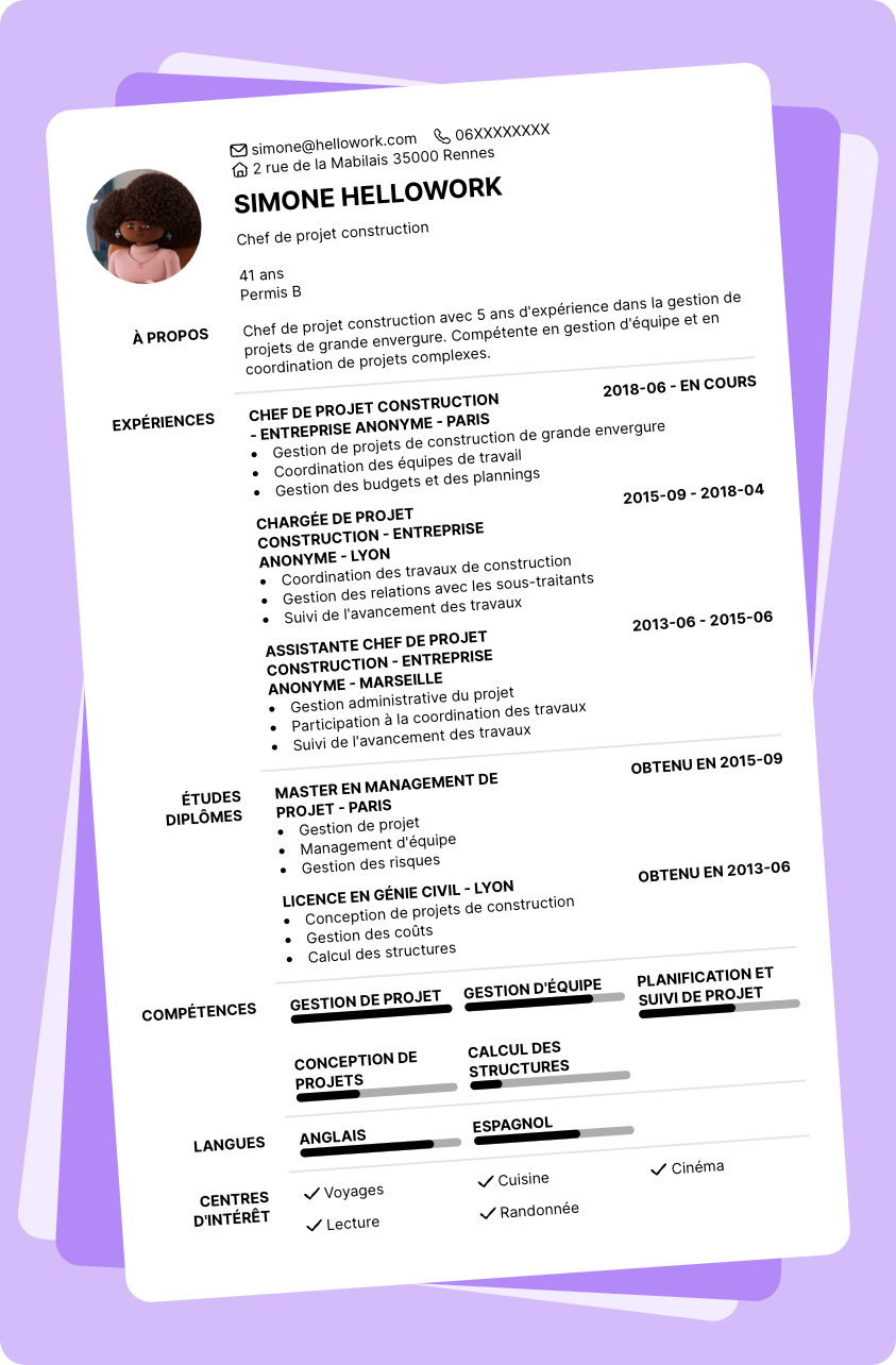 Modèle CV Chef de projet construction Exemple CV Chef de projet construction
