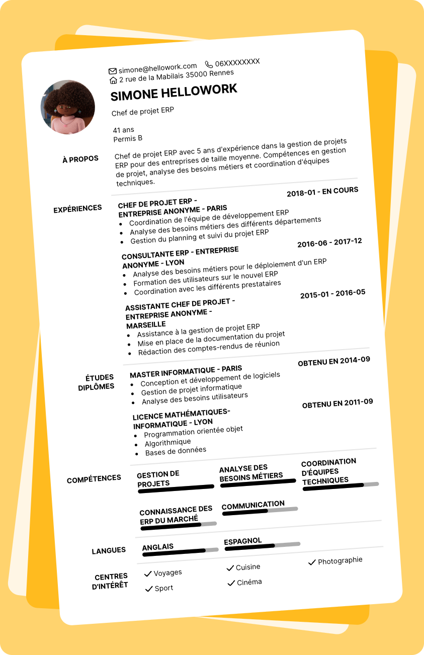 Modèle CV Chef de projet ERP Exemple CV Chef de projet ERP