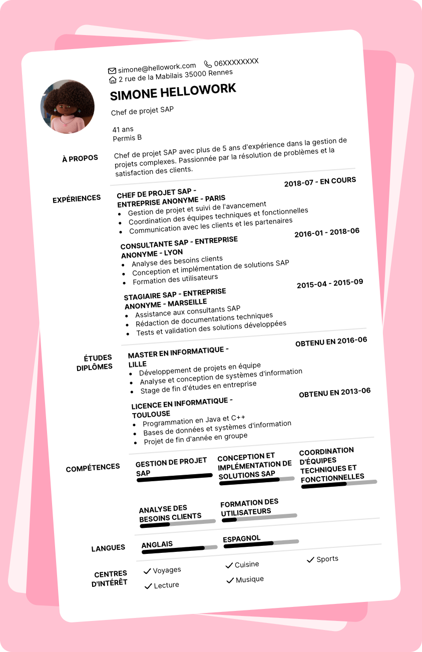 Modèle CV Chef de projet SAP Exemple CV Chef de projet SAP