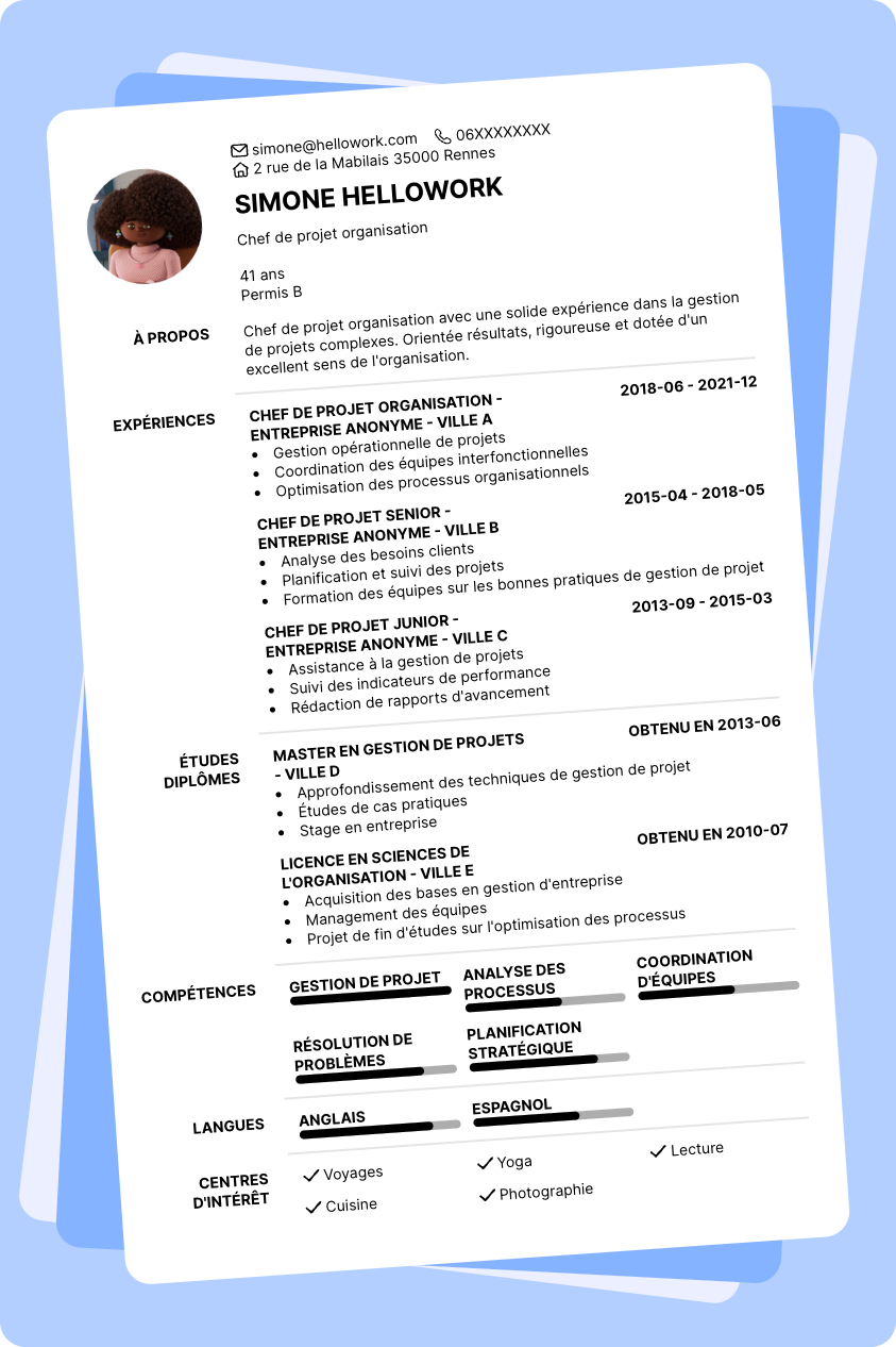 Exemple CV Chef de projet organisation