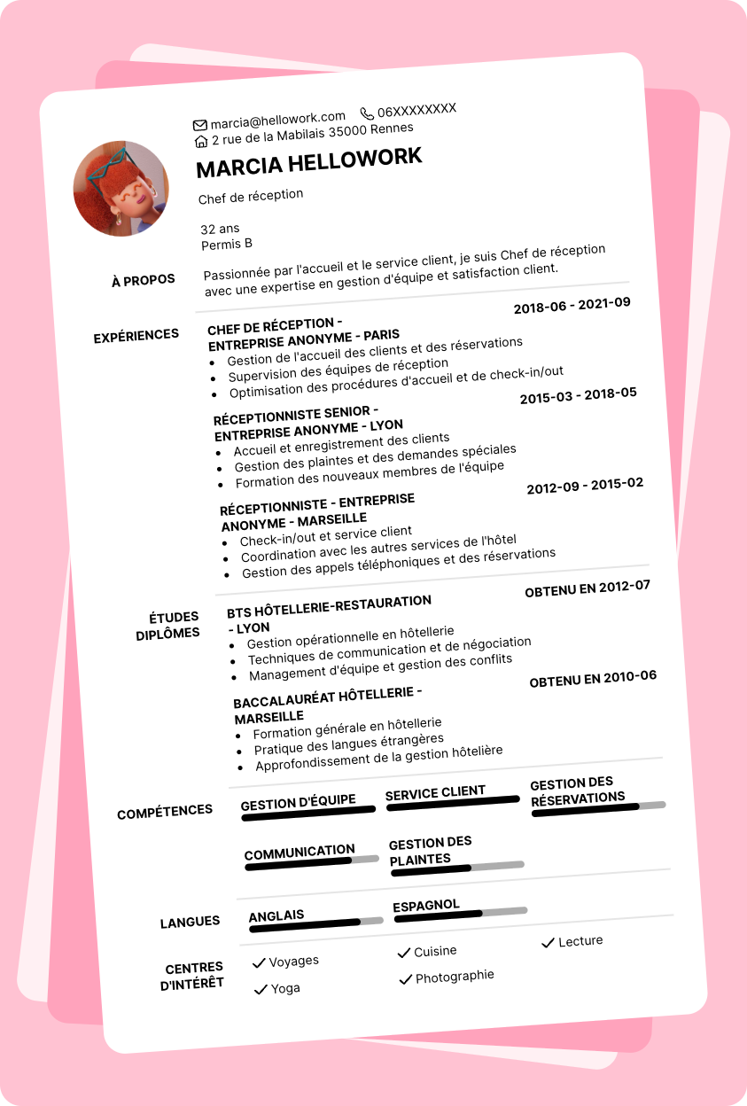 Modèle CV Chef de réception Exemple CV Chef de réception