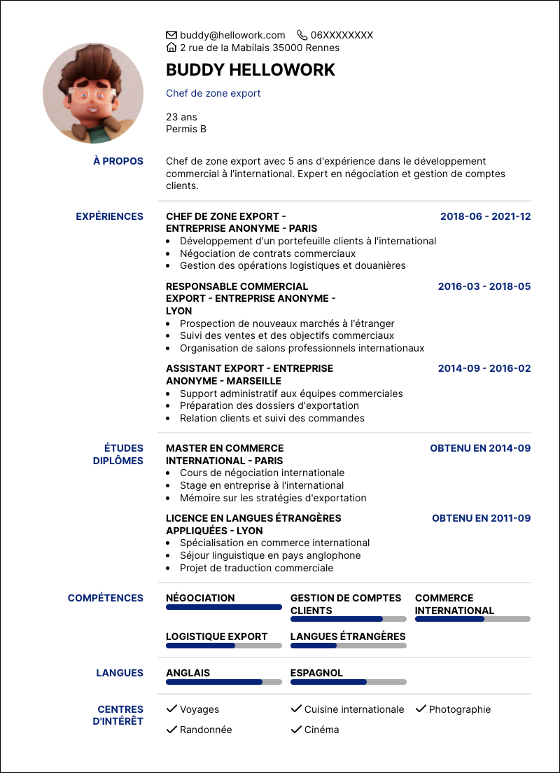 Exemple CV Chef de zone export