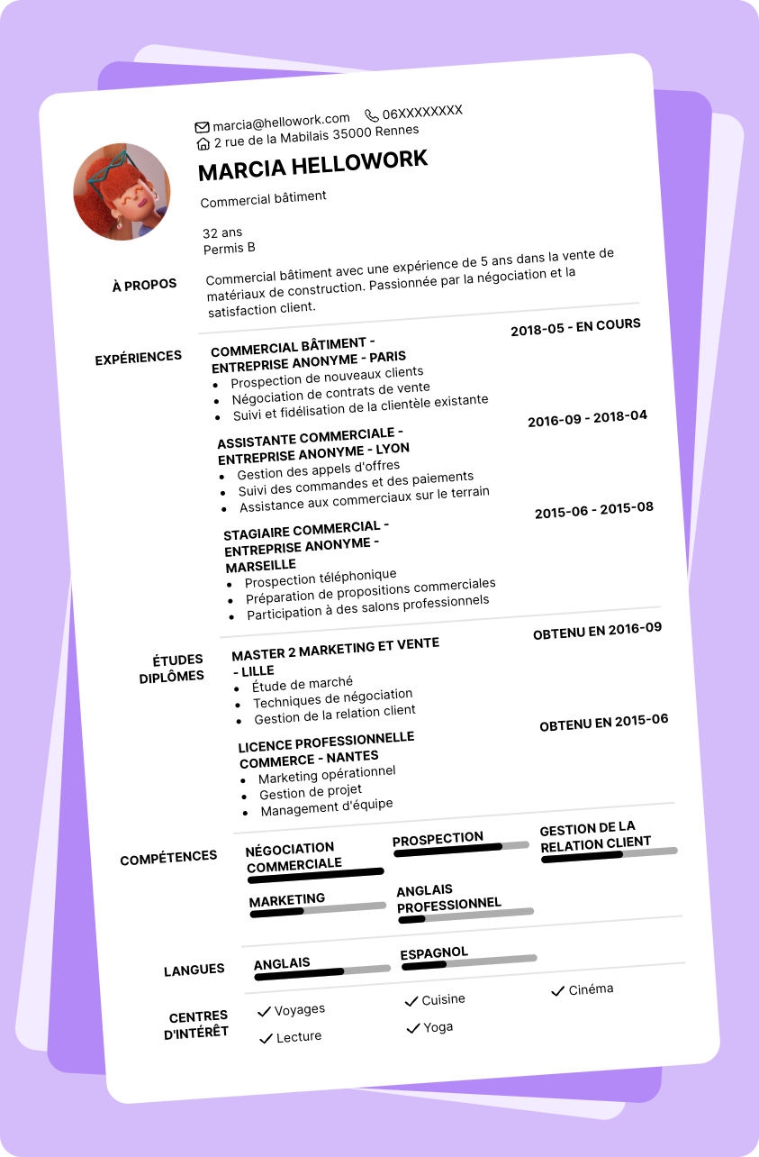Modèle CV Commercial bâtiment Exemple CV Commercial bâtiment