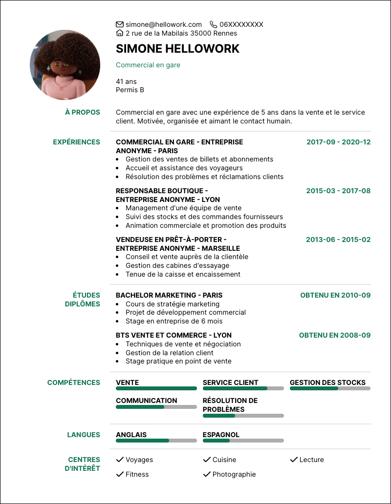 Modèle CV Commercial en gare Exemple CV Commercial en gare