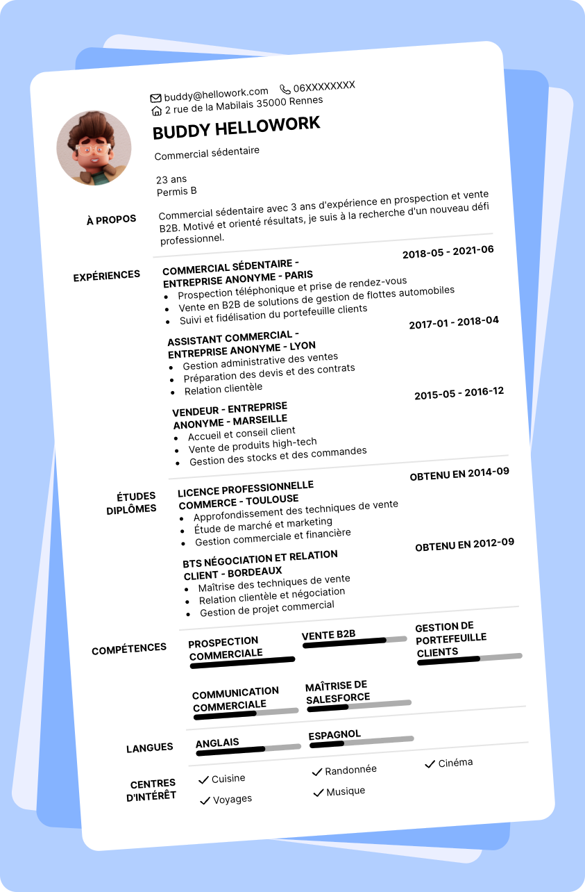 Exemple CV Commercial sédentaire