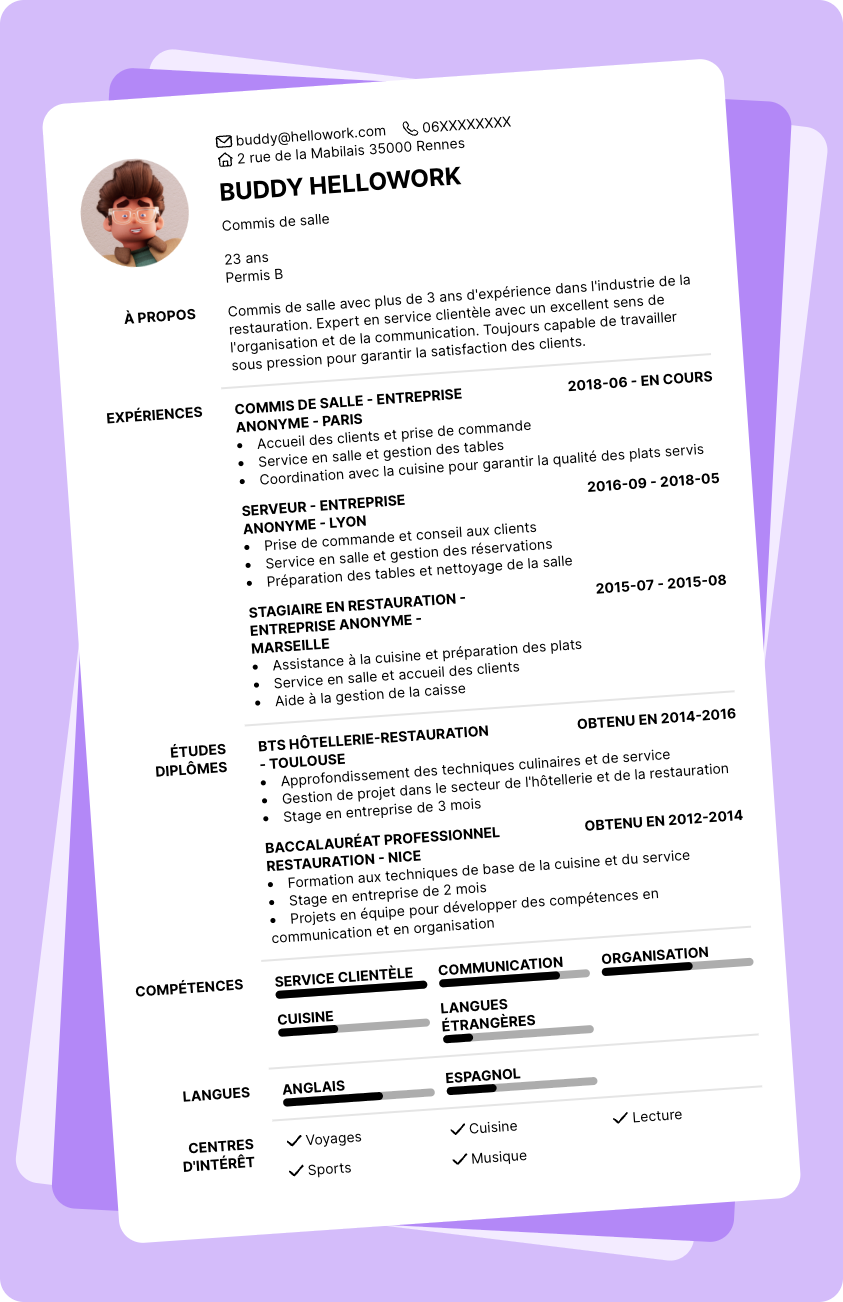 Modèle CV Commis de salle Exemple CV Commis de salle