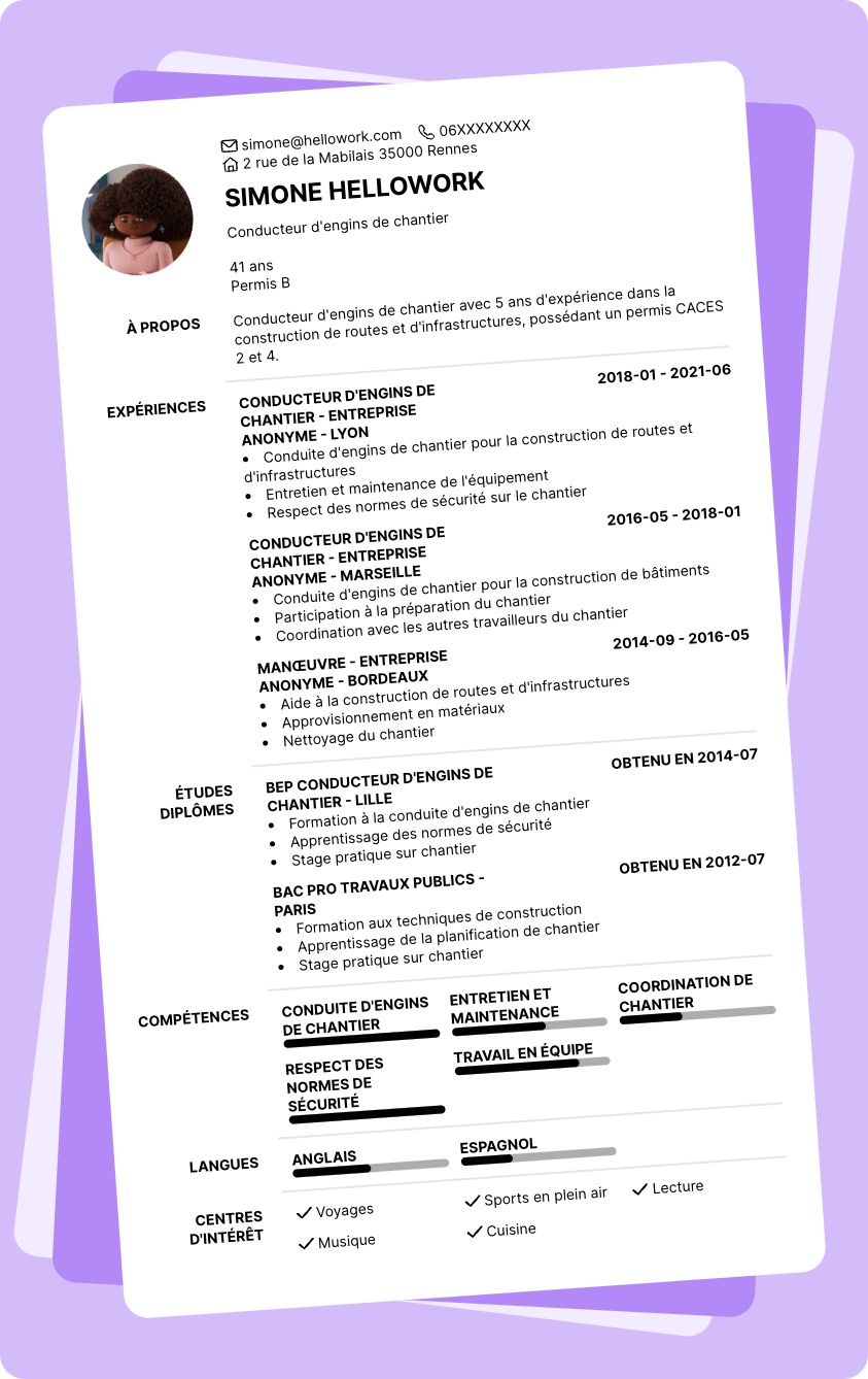 Exemple CV Conducteur d'engins de chantier