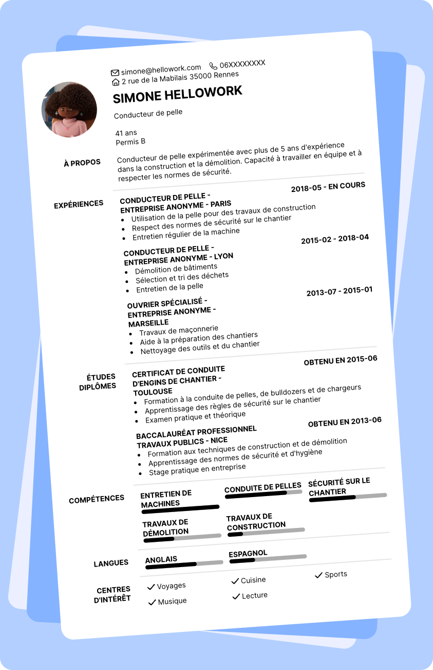 Exemple CV Conducteur de pelle
