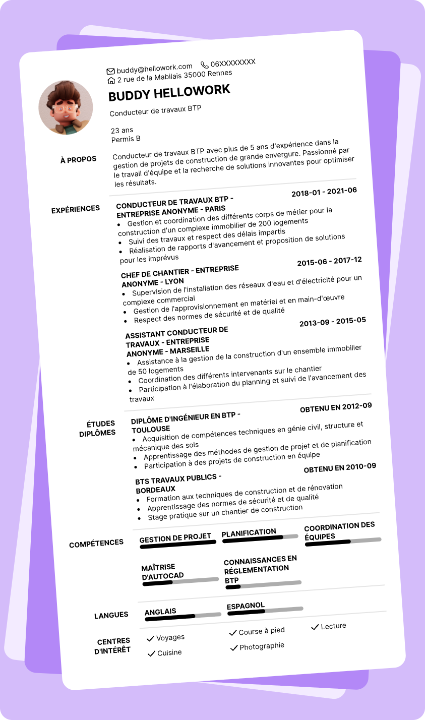 Exemple CV Conducteur de travaux BTP