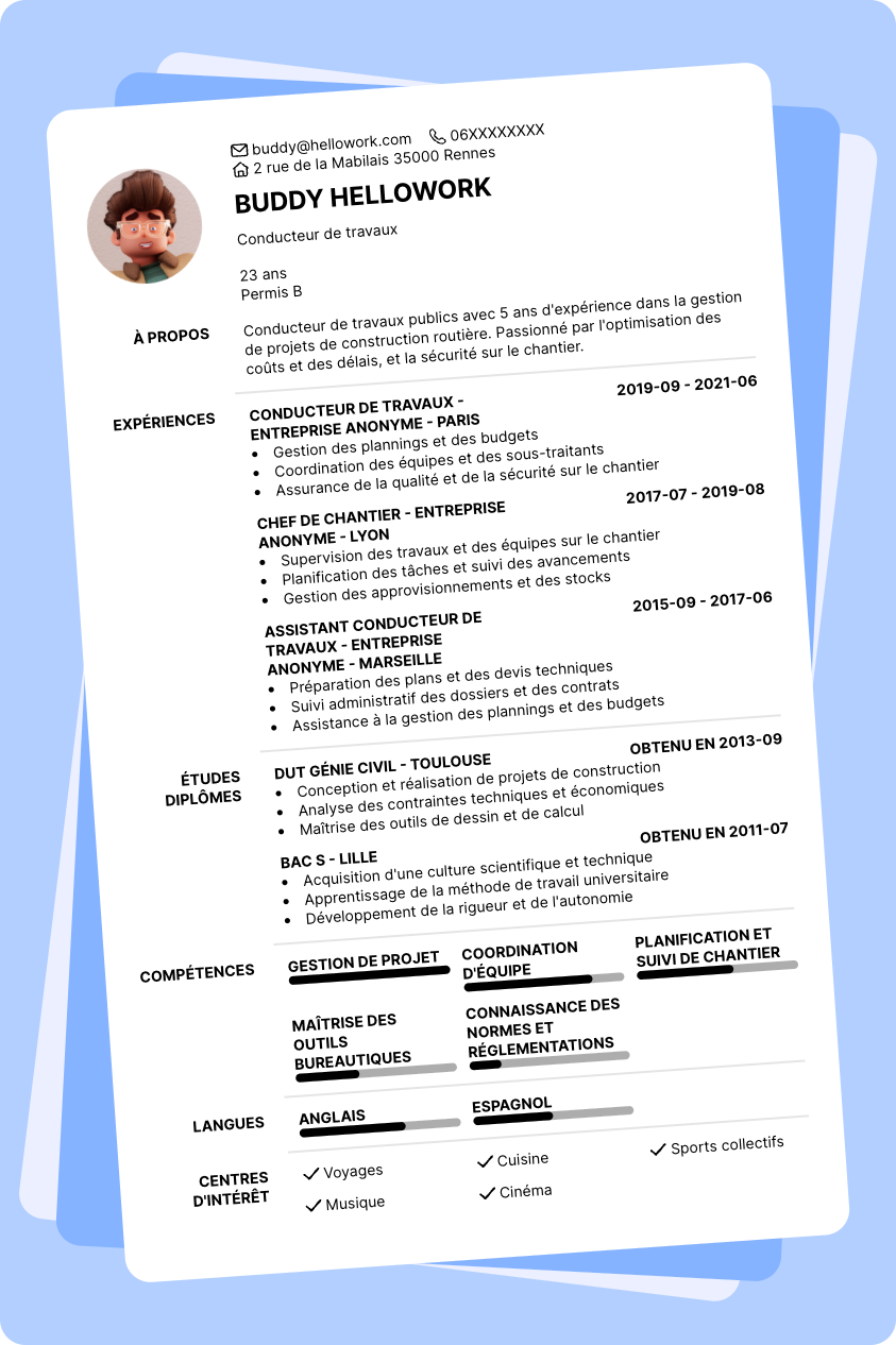 Modèle CV Conducteur de travaux TP Exemple CV Conducteur de travaux TP