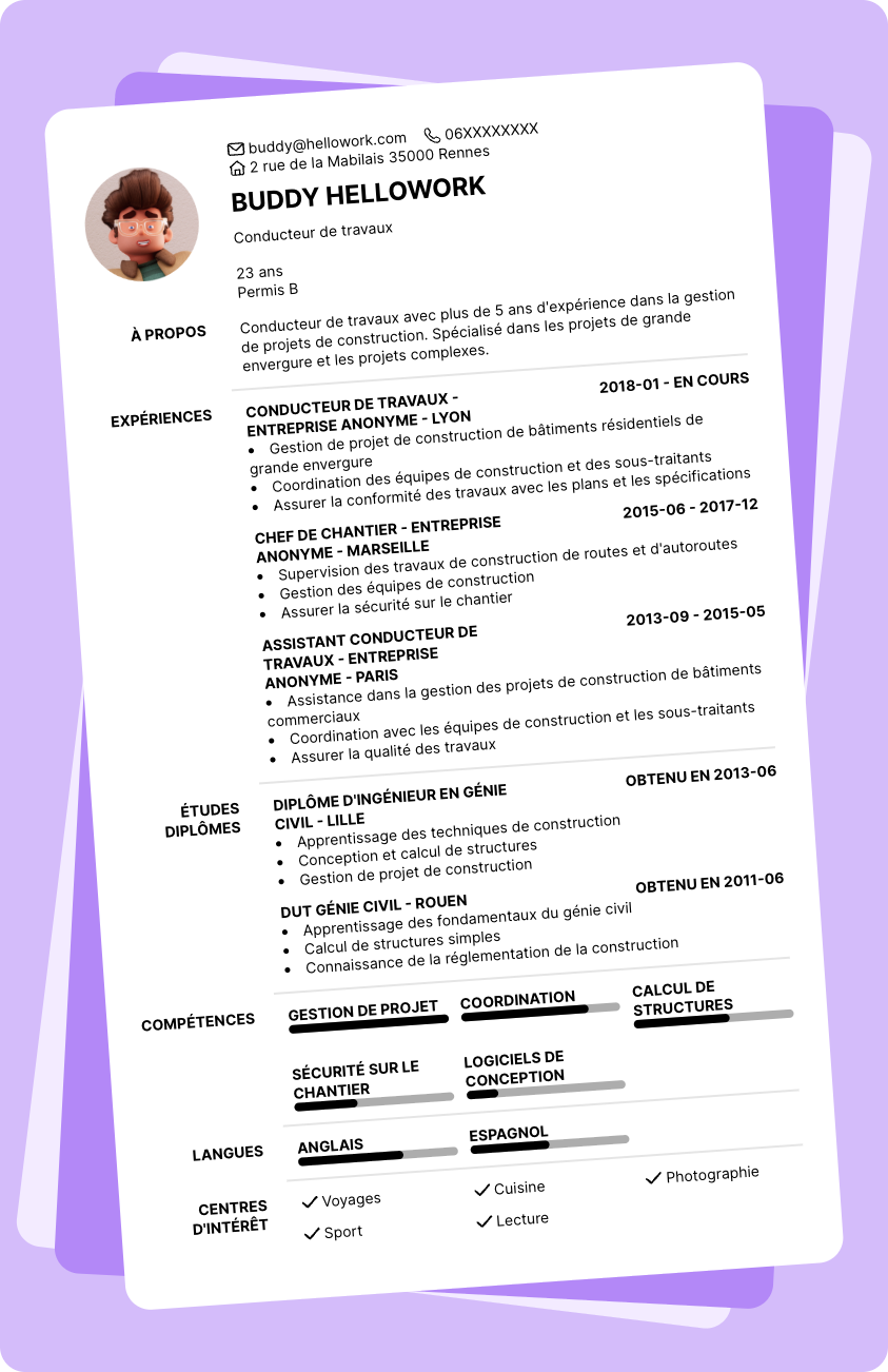 Modèle CV Conducteur de travaux Exemple CV Conducteur de travaux