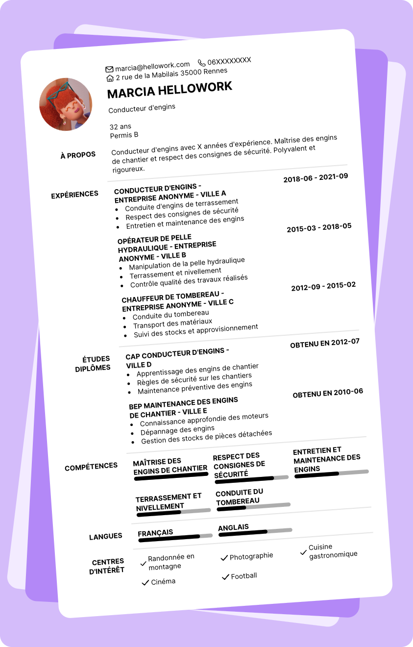 Modèle CV Conducteur d'engins Exemple CV Conducteur d'engins