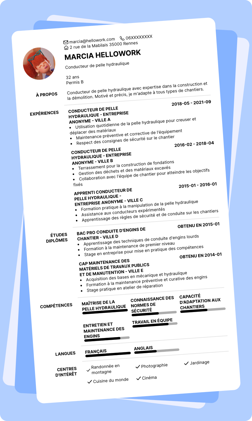 Exemple CV Conducteur de pelle hydraulique