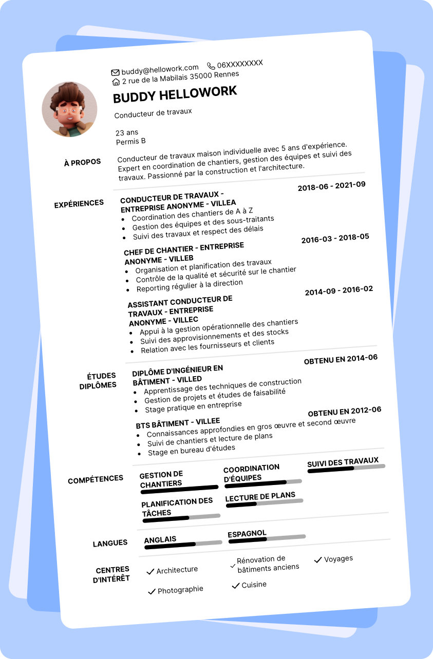 Exemple CV Conducteur de travaux maison individuelle