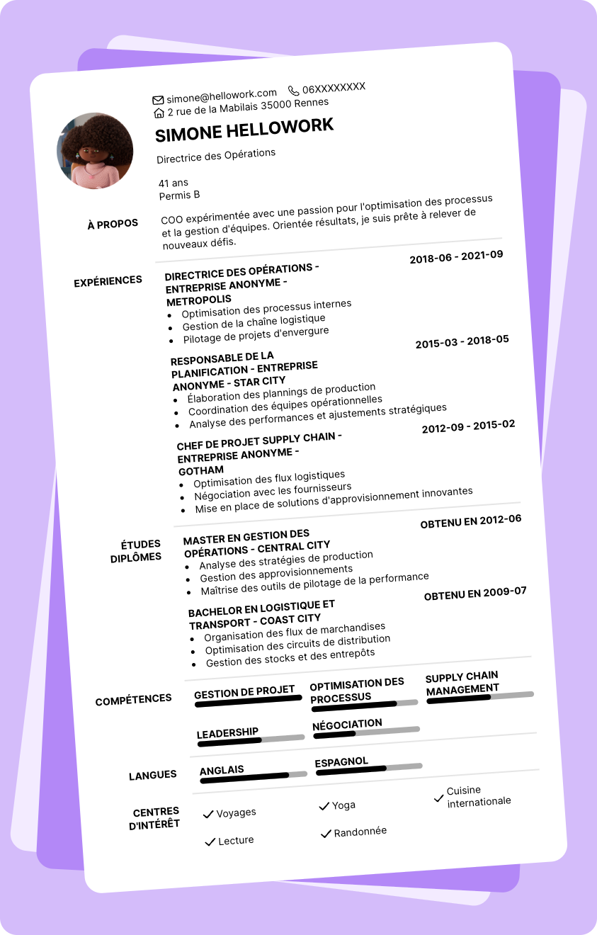 Modèle CV COO Exemple CV COO