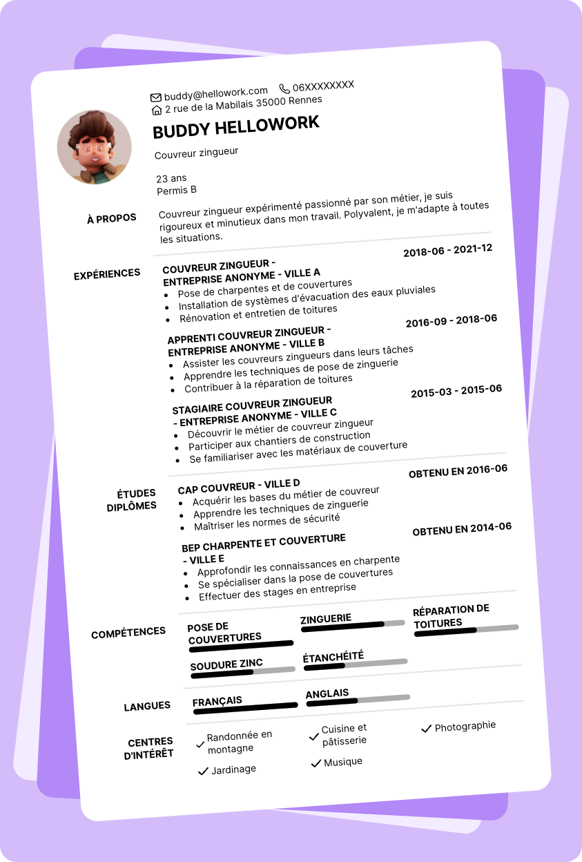 Exemple CV Couvreur zingueur
