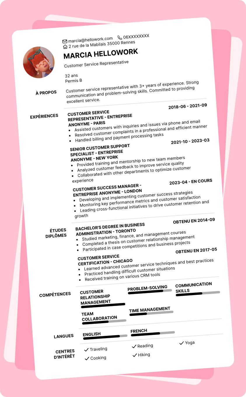 Exemple CV Customer service representative