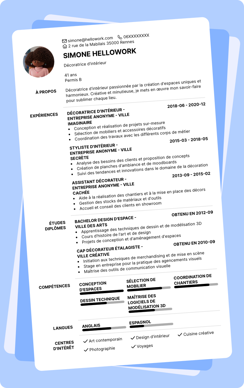 Modèle CV Décoratrice d'intérieur Exemple CV Décoratrice d'intérieur