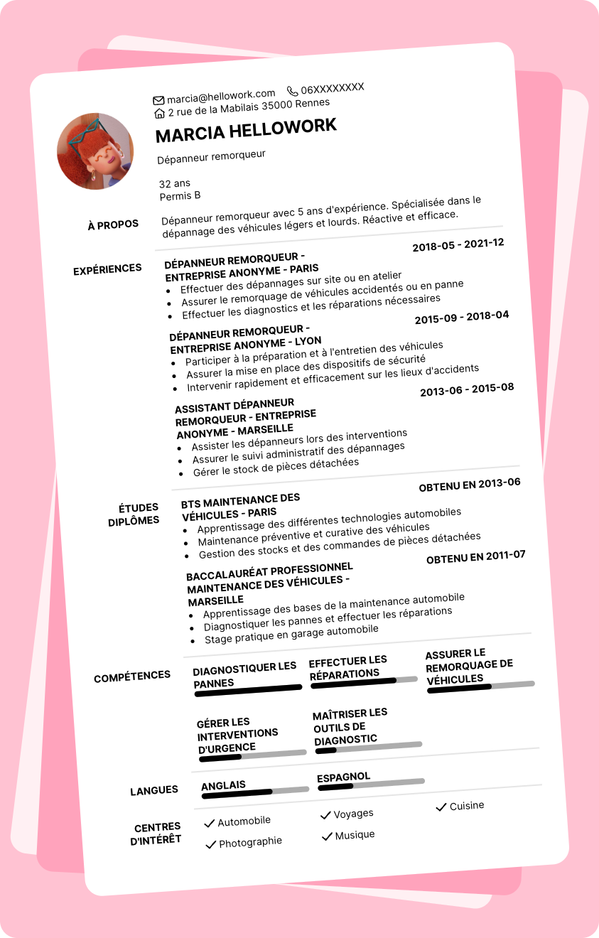 Exemple CV Dépanneur remorqueur