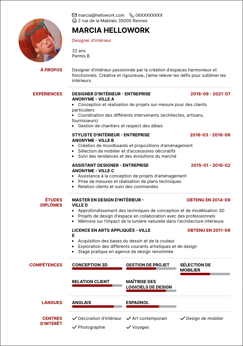 Exemple CV Designer d'intérieur