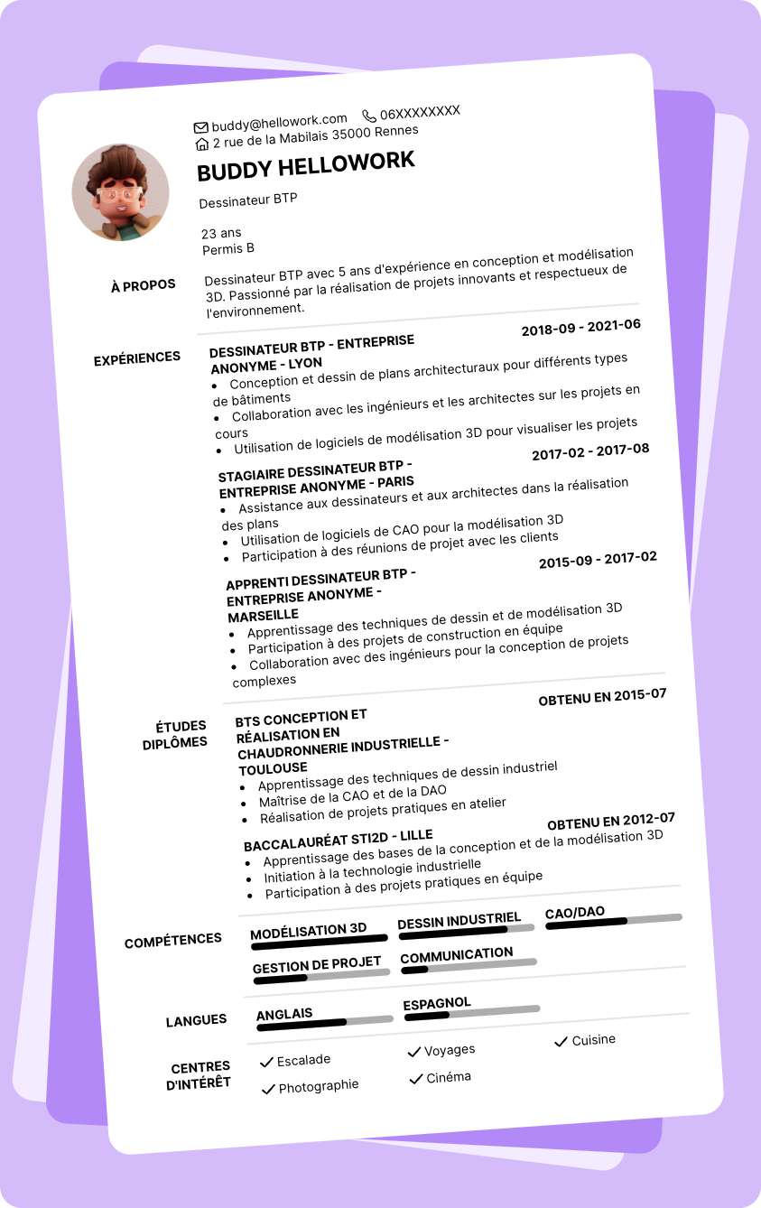 Modèle CV Dessinateur BTP Exemple CV Dessinateur BTP