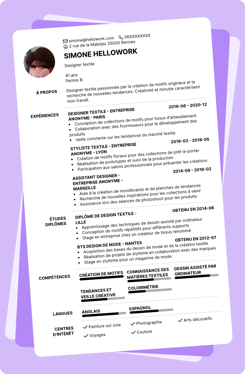Modèle CV Designer textile Exemple CV Designer textile