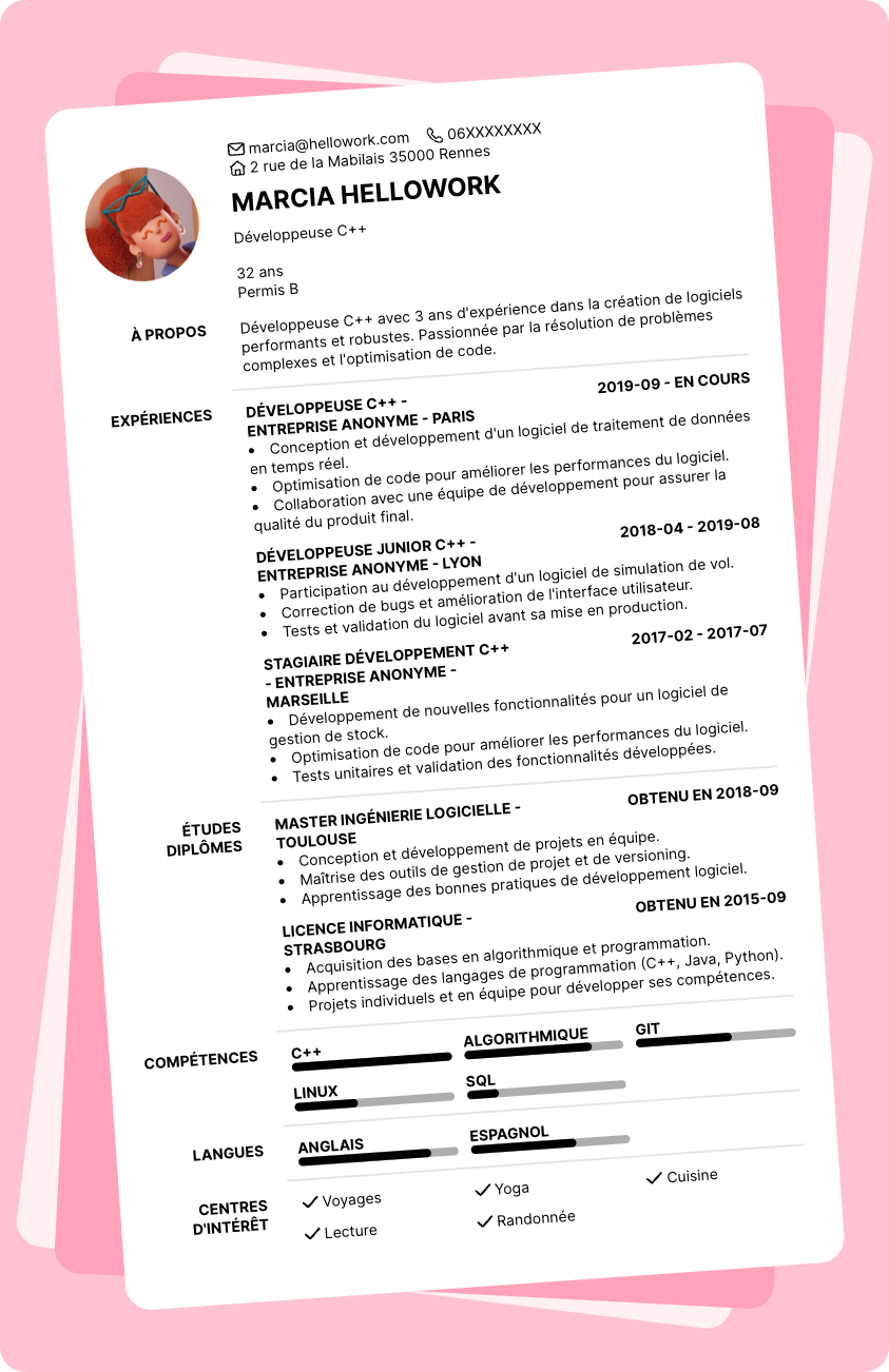 Modèle CV Développeur C++ Exemple CV Développeur C++