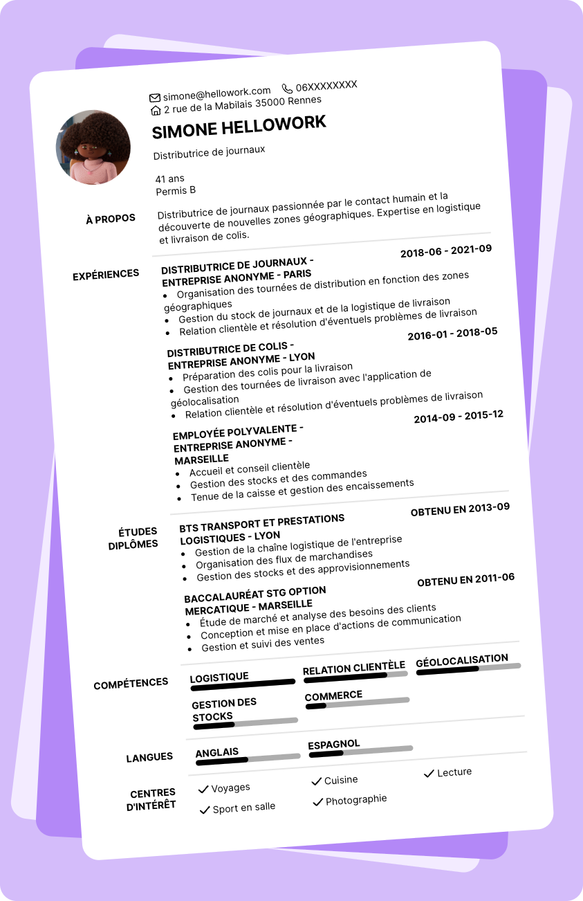 Modèle CV Distributeur de journaux Exemple CV Distributeur de journaux