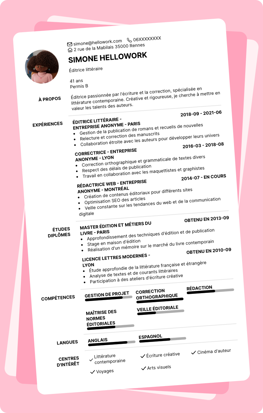 Modèle CV Éditeur Exemple CV Éditeur