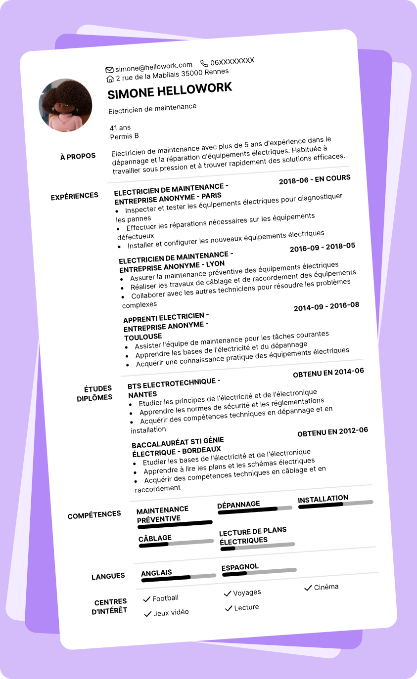 Modèle CV Electricien de maintenance Exemple CV Electricien de maintenance