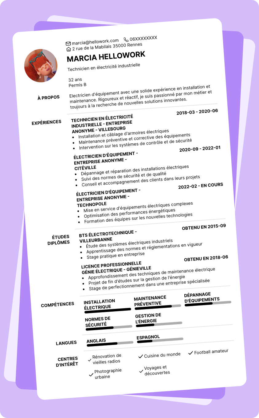 Exemple CV Electricien d'équipement