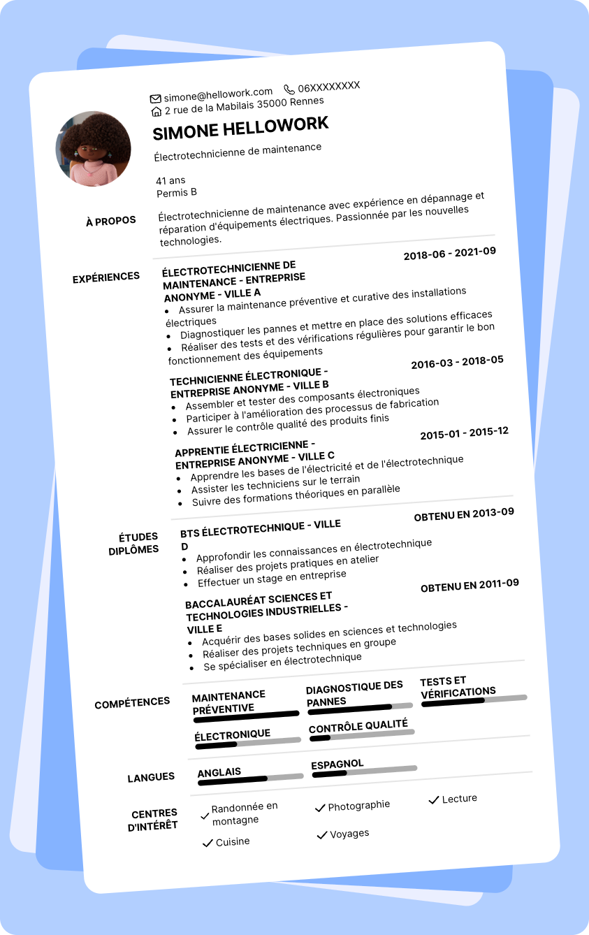 Exemple CV Electrotechnicien de maintenance