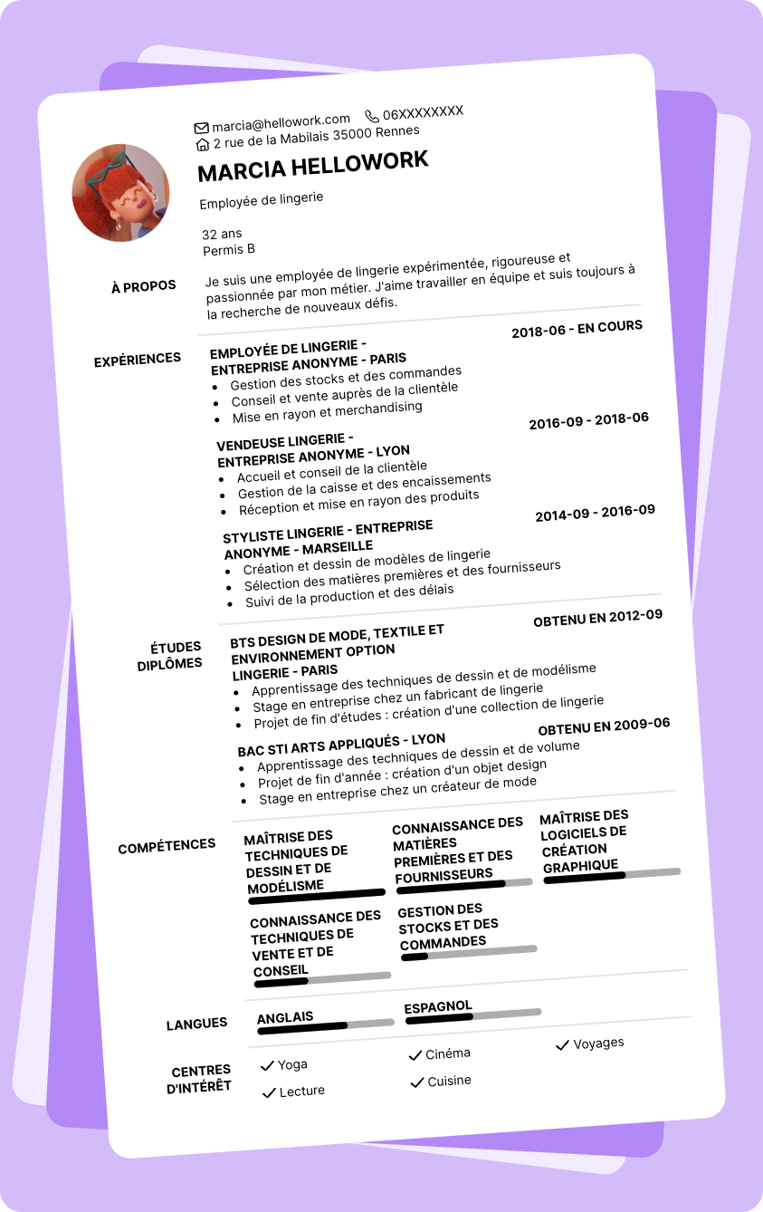 Exemple CV Employé de lingerie