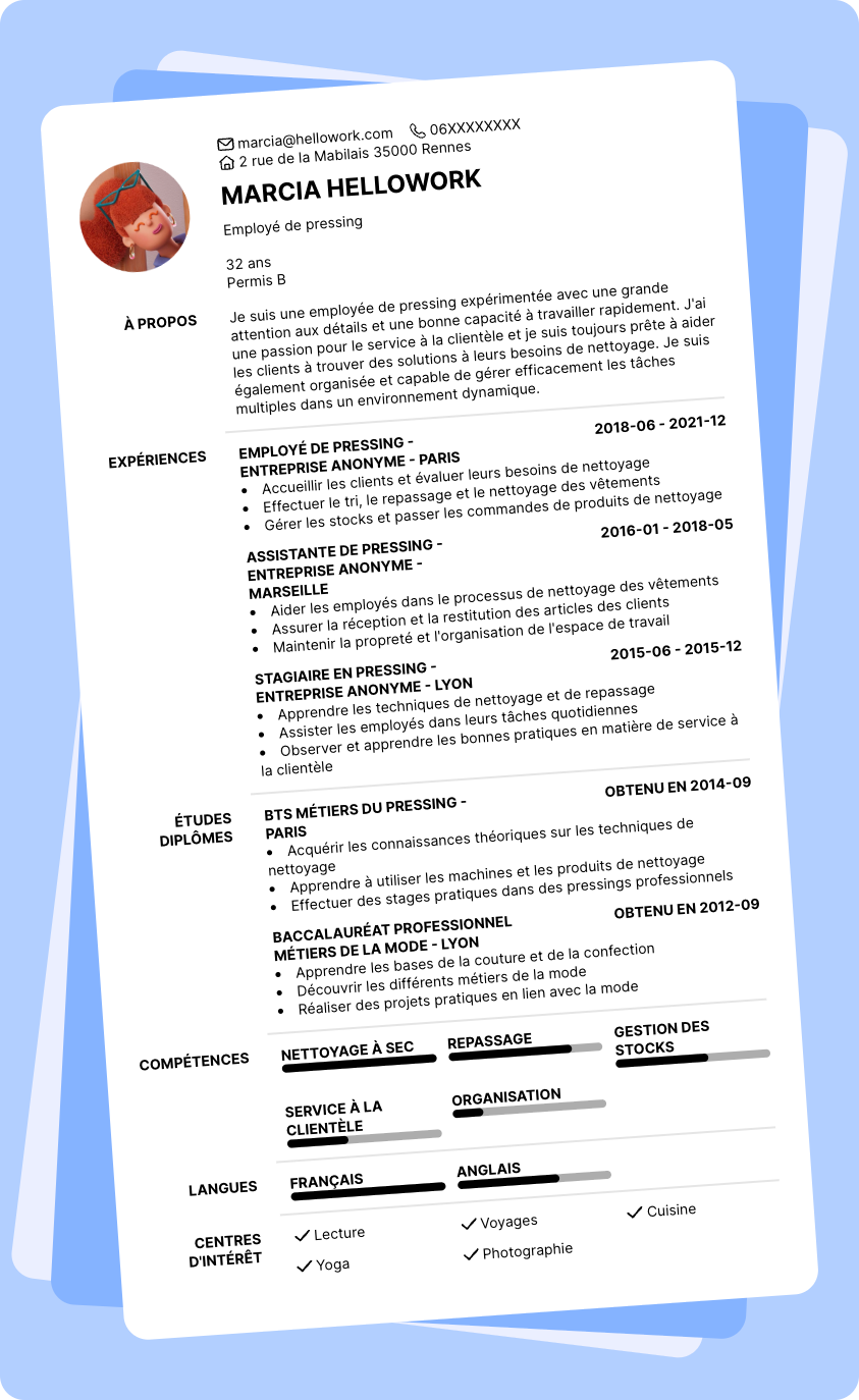 Exemple CV Employé de pressing