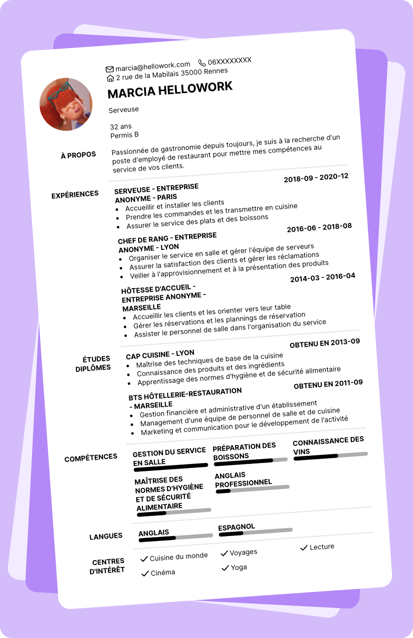 Modèle CV Employé de restaurant Exemple CV Employé de restaurant
