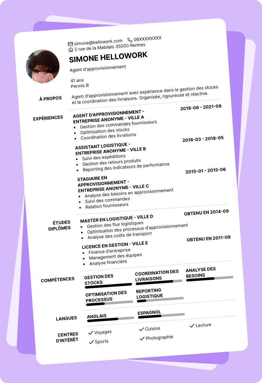 Modèle CV Agent d'approvisionnement Exemple CV Agent d'approvisionnement